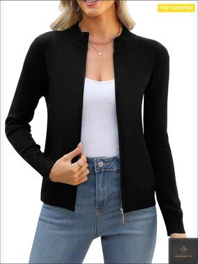 Lightweight Knitted Zip Up Cardigan Sweater Long Sleeve Crew Neck Layering